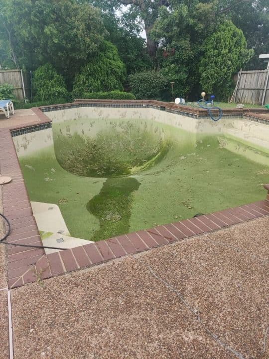 Pool before deep cleaning - algae covered water